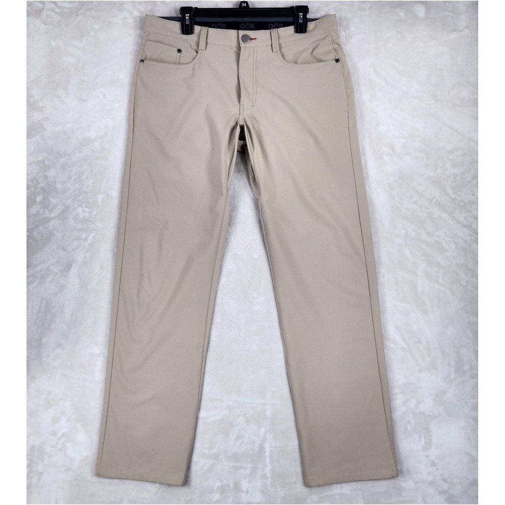 QOR Pants Mens 34x32 Beige Stretch Zip Pocket Travel Chino Casual Outdoor
